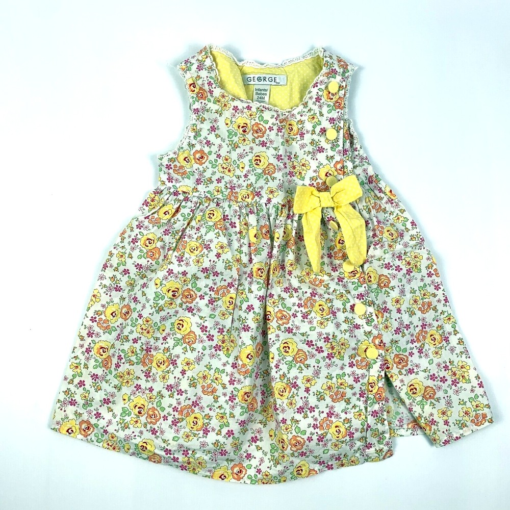 George UK Limited Floral Baby Dress 24M 100% Cotton Yellow Orange‎ Pink Bow SEE